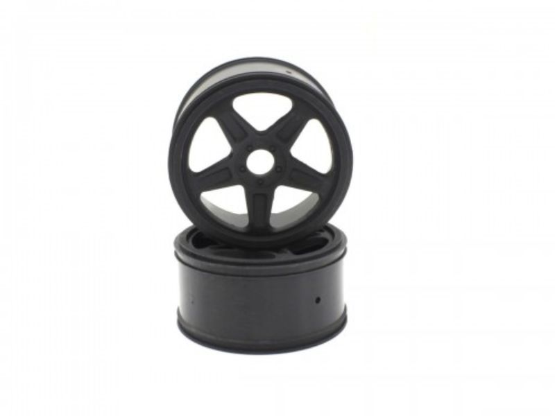 Durable 5-spoke black wheels for RC cars, enhancing performance and style on all terrains.
