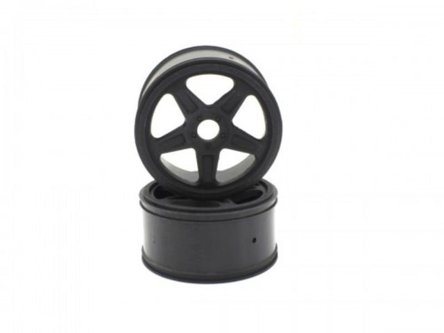 Durable 5-spoke black wheels for RC cars, enhancing performance and style on all terrains.