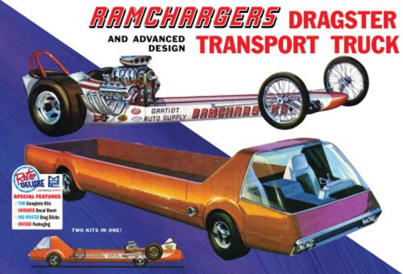 Plastic model kit featuring 1/25 scale dragster and transporter truck with realistic details and 171 assembly parts.