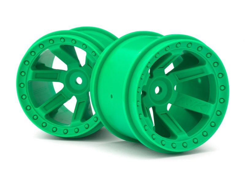 Replacement Radio Control wheel in green, 2.8 inches in diameter, 62mm wide, with a 12mm hex hub for RC vehicle maintenance.