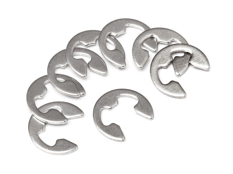 Durable 4mm E clips set of 8, designed for securing radio-controlled vehicles and components effectively.