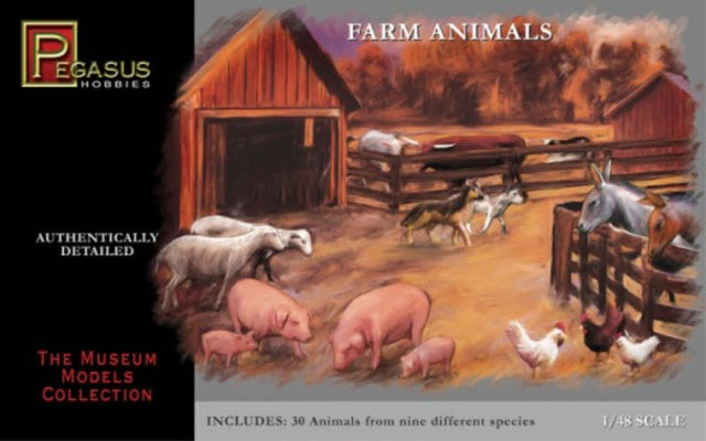 Detailed 1/48 scale plastic farm animal models, including cows, pigs, sheep, and chickens for dioramas and creative play.