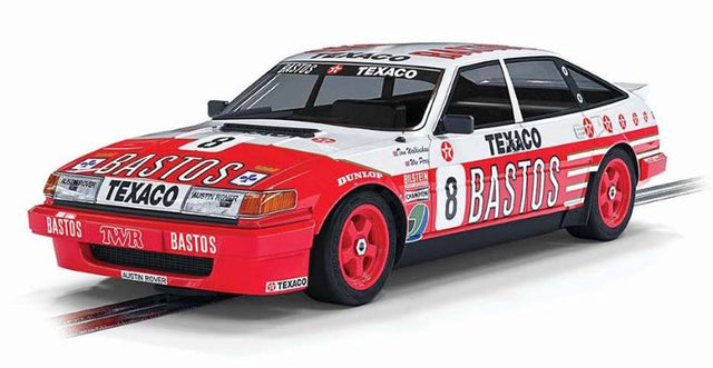 Scalextric Donington Rover Vitesse #8 slot car in iconic red and white, showcasing 3.5L V8 power and 1986 racing history.