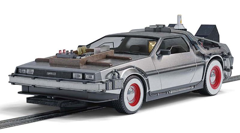 Scalextric Movie DeLorean 'BTTF3' slot car, featuring Wild West design, white-walled tyres, and 1/32 scale for racing fun.
