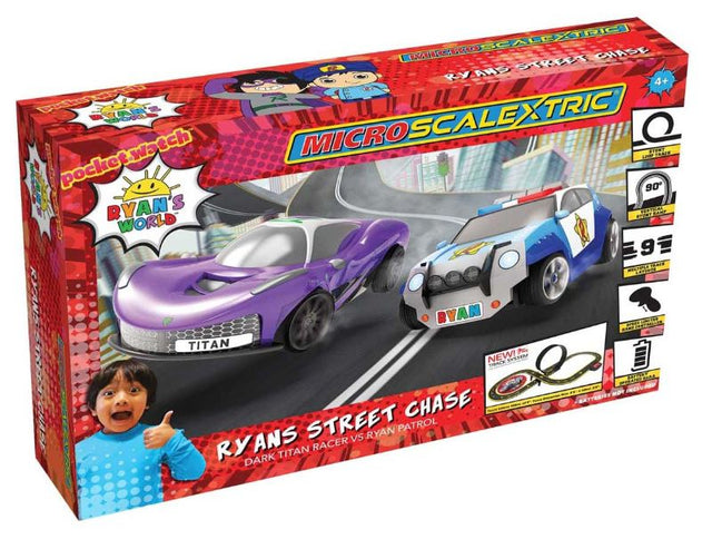 Scalextric - M Set Bat: Ryan's World featuring a thrilling Loop-the-Loop track, two character cars, and 9 layouts for endless racing fun.