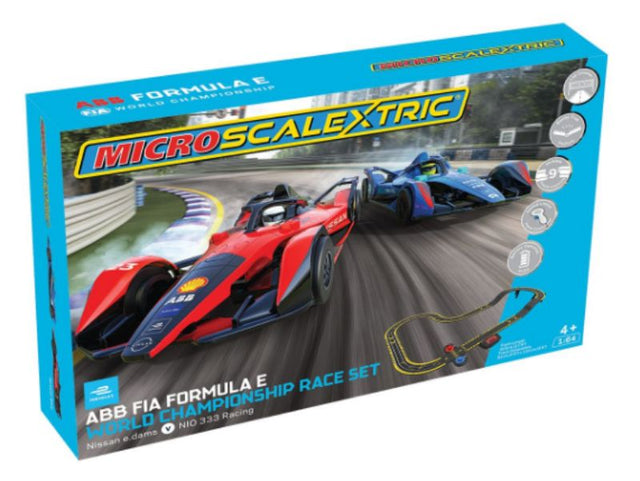 Micro Scalextric Formula E set with 2 detailed cars, 3.5m track, speed ramp, and lap counter for thrilling home racing.
