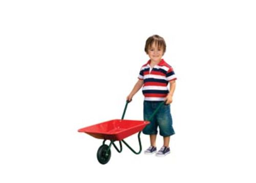 Colorful metal wheelbarrow for kids, featuring sturdy grips and a rubber wheel, perfect for transporting toys and soil.