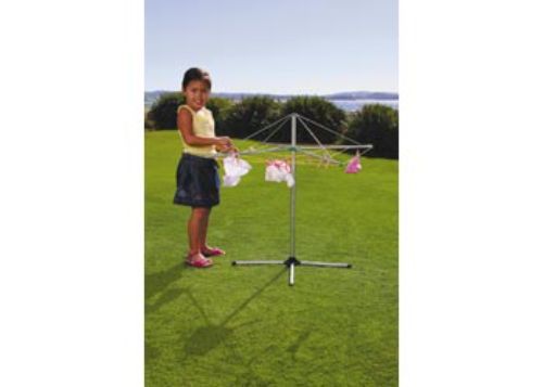 Sturdy metal clothesline for kids, featuring rotating arms and pegs for realistic role play in outdoor laundry fun.