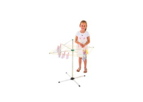 Sturdy metal clothesline for kids, includes pegs and rotating arms for realistic laundry role play, 65x65 cm size.