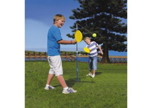 Two-player outdoor game set featuring durable bats, tethered ball, and a stable pole for fast-paced family fun.