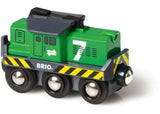 Brightly designed BRIO BO Freight Battery Engine with headlights, button controls for forward, stop, and reverse functions.