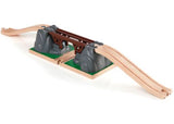 Three-piece BRIO Collapsing Bridge set with button-activated collapse feature, enhancing imaginative train adventures for kids.