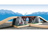 BRIO Bridge set featuring a collapsible design with two ascending tracks, enhancing imaginative train play for children.