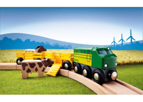 Colorful BRIO Farm Train with a horse and cow, featuring a fold-down ramp and individual wagons for imaginative play.