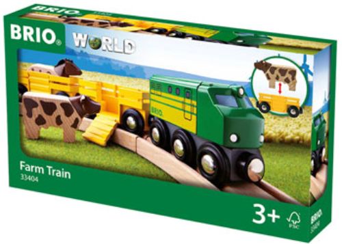 BRIO Farm Train with colorful wagons, featuring a horse and cow, designed for imaginative play and fine motor skill development.