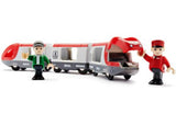 Vibrant red BRIO Travel Train set with 5 pieces, featuring front, middle, and rear wagons plus a passenger and driver for imaginative play.