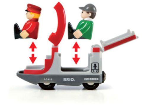 Wooden BRIO Travel Train set with vibrant red color, includes 5 pieces: front, middle, rear wagons, passenger car, and driver.