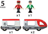 Bright red BRIO Travel Train set with 5 pieces, featuring a driver, passenger car, and wagons for imaginative play.