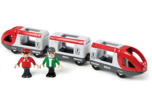 Vibrant red BRIO Travel Train set with front, middle, rear wagons, passenger, and driver, perfect for imaginative play.