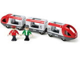 Vibrant red BRIO Travel Train set with front, middle, rear wagons, passenger, and driver, perfect for imaginative play.