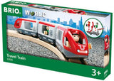 Bright red BRIO Travel Train set with 5 pieces, including front, middle, rear wagons, passenger car, and driver for imaginative play.