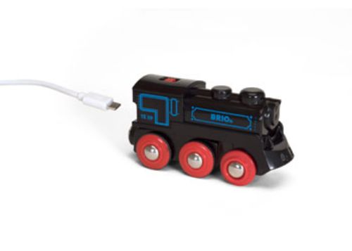 BRIO rechargeable train engine in black with a front lamp and mini USB charging, perfect for imaginative play.