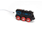 BRIO rechargeable train engine in black with a front lamp and mini USB charging, perfect for imaginative play.