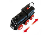 BRIO rechargeable train engine with USB charging, black steam design, bright lamp for safe play, perfect for young engineers.