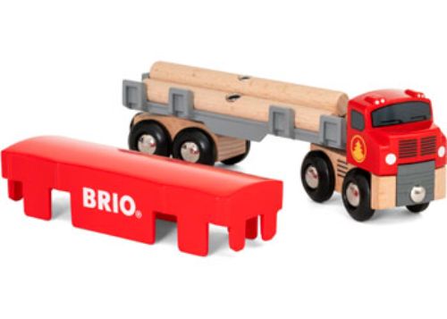 Red wooden semi-truck toy with detachable trailer, three logs, and hidden engine for imaginative play and learning.