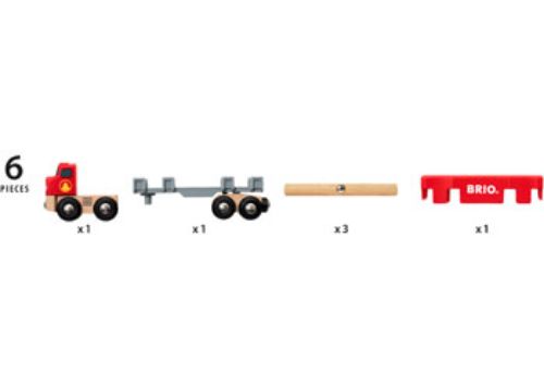 Red wooden Lumber Truck toy with detachable trailer, three logs, and a hidden engine for imaginative railway play.