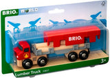 Vibrant red BRIO Lumber Truck toy with detachable trailer and three logs, featuring a hidden engine for imaginative play.
