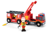 Children's BRIO Emergency Fire Engine set with detachable hose wagon, realistic sirens, and vibrant colors for imaginative play.