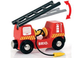 BRIO Emergency Fire Engine set with detachable hose wagon, realistic sirens, and vibrant colors for imaginative play.