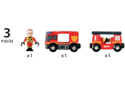 BRIO Emergency Fire Engine with hose wagon, sirens, and vibrant colors encourages imaginative rescue play for kids.