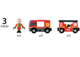 BRIO Emergency Fire Engine with hose wagon, sirens, and vibrant colors encourages imaginative rescue play for kids.