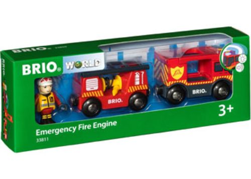 Bright red BRIO Emergency Fire Engine toy with hose wagon, siren button, and sturdy design for imaginative rescue play.