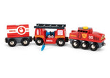 Wooden 4-piece BRIO Rescue Firefighting Train set with engine, water tank, and extendable hose for imaginative play.