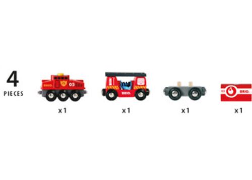 BRIO Rescue Firefighting Train set with engine, water tank wagon, and extendable hose for imaginative emergency play.