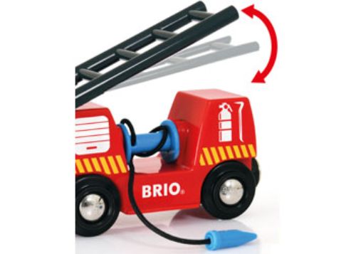 BRIO Rescue Firefighting Train set with engine, water tank wagon, and extendable hose for imaginative play and adventure.