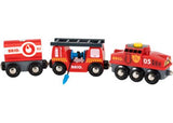 BRIO Train Rescue Firefighting set with engine, water tank wagon, and extendable hose for imaginative play and adventure.