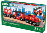 BRIO Rescue Firefighting Train set with engine, water tank wagon, and hose for imaginative rescue play and adventure.