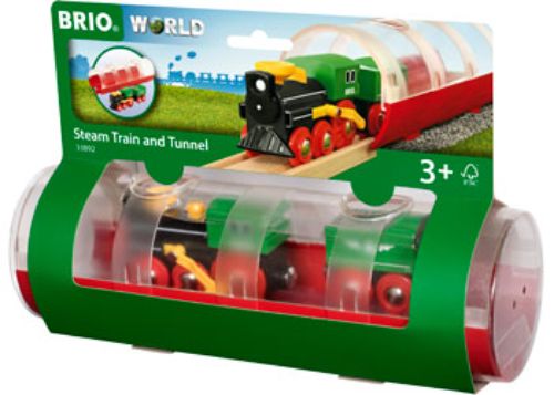 BRIO Train set featuring a steam train and tunnel, crafted for imaginative play and compatibility with BRIO World tracks.