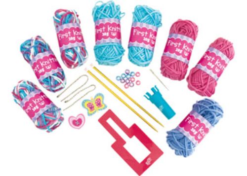 Galt First Knitting kit for ages 6+, including tools to create a bag, purse, and pompom scarf.