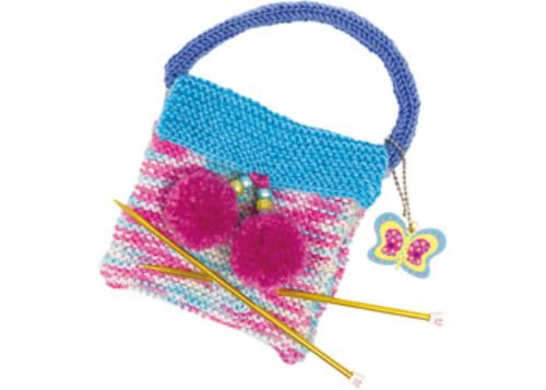 Colorful knitting kit for beginners featuring a French knitter, needles, and pompom tool for creating bags and scarves.