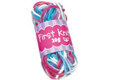 Knitting kit for kids featuring tools to create a bag, purse, and pompom scarf with easy instructions.