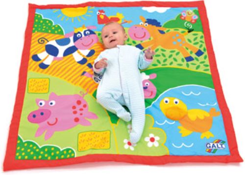 Large playmat with farm friends, featuring textures and sounds, measuring 100cm x 100cm, suitable for infants.