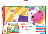 Large multi-sensory farm playmat with 6 interactive friends, featuring textures and sounds, sized 100cm x 100cm.