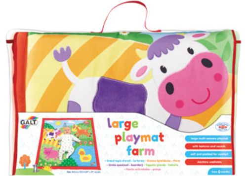 Large multi-sensory farm playmat with 6 interactive friends, featuring textures and sounds, sized 100cm x 100cm.