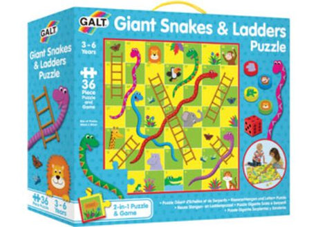 Galt Giant Snakes and Ladders Puzzle, a 36-piece floor puzzle for family fun, featuring foam dice and chunky counters.