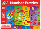 Colorful Galt Number Puzzles featuring 10 three-piece sets for toddlers to learn counting and number recognition.